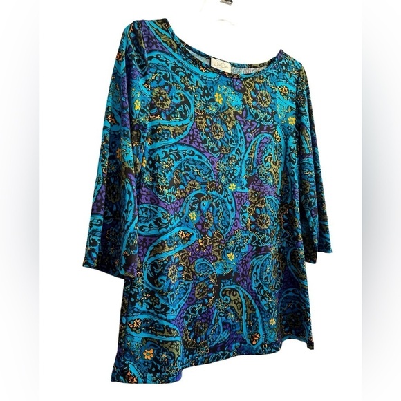 Jon Den Vibrant Paisley Blouse Womens Small Blue & Purple 3/4 Bell Sleeve Lovely - Picture 3 of 16